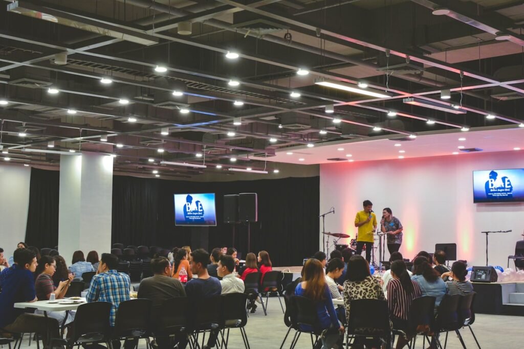 Professionals networking at an international business conference