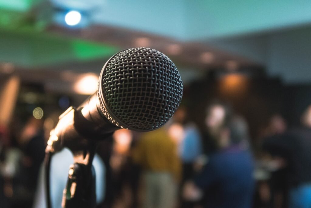 Speaker presenting at an international business conference